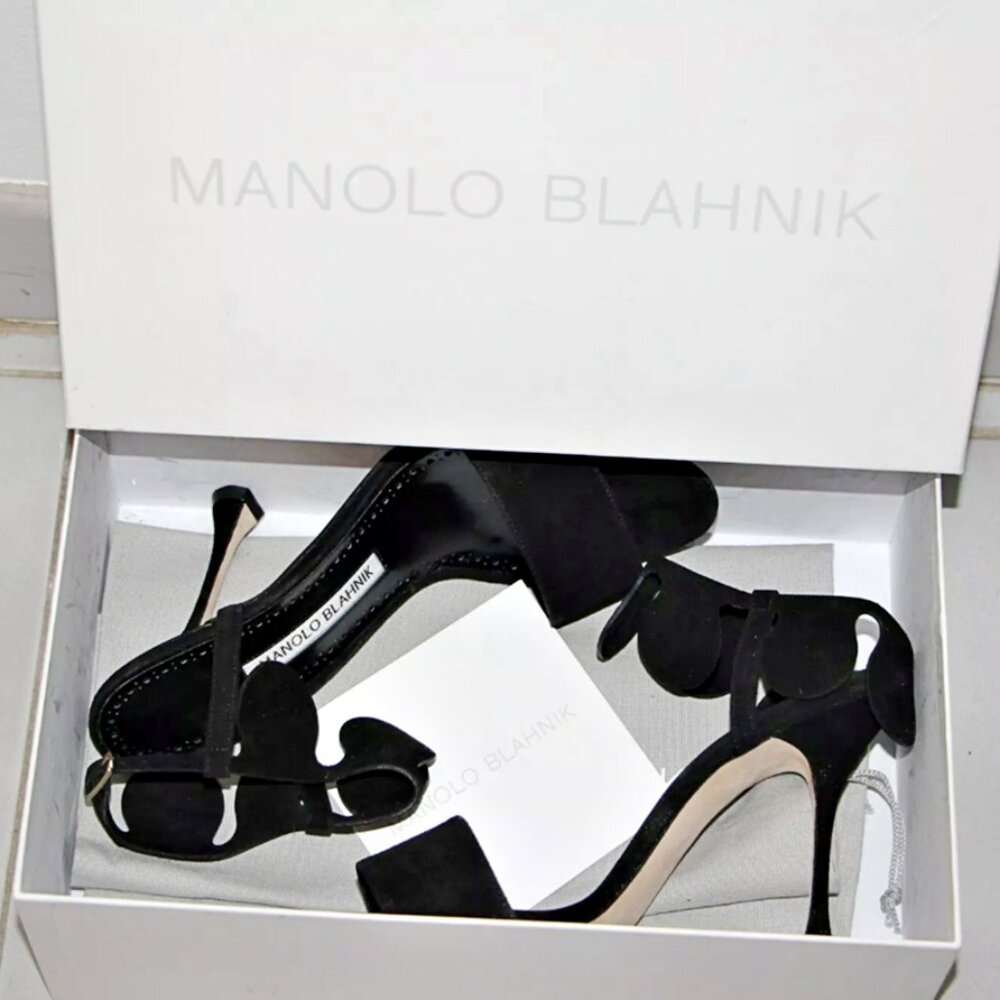 Manolo Blahnik Ondapla 105 Sculptural Heel Black Circle-Cut Suede Sandal sz 37.5